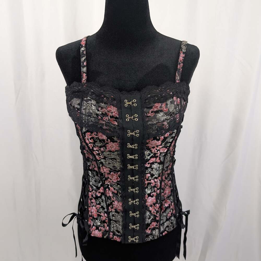 Y2K Mall Goth Corset Top Pink Floral Brocade Lace Trim Hook Front M Tripp NYC